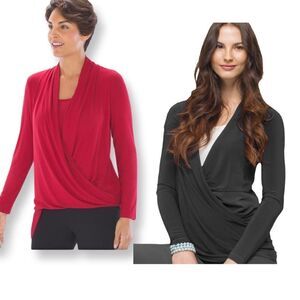 Afibi Red Wrap Drape Front V Neck Long Sleeve Blouse Tunic Sz L